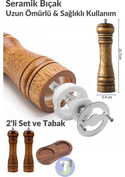 2 Adet Doğal Ahşap Karabiber Tuz Kahve Baharat Öğütücü Ahşap Değirmen Tuzluk Biberlik 2li Set Tabaklı 22CM