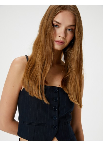Ince Askılı Yelek Crop Düğmeli Asimetrik Kesim Slim Fit