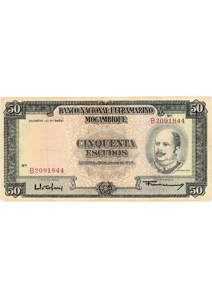 Mozambık Banco Nacıonal Ultramarıno Moçambıque 50 Escudos 24. 7. 1958 PICK#106 Vf *çt Banknot