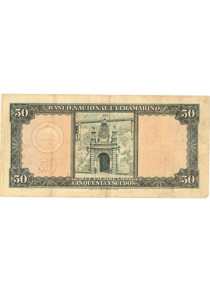 Mozambık Banco Nacıonal Ultramarıno Moçambıque 50 Escudos 24. 7. 1958 PICK#106 Vf *çt Banknot fiyatları