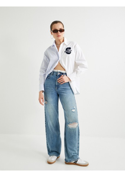 Geniş Paça Kot Pantolon Standart Bel Yıpratılmış Detaylı Cepli - Bianca Wide Leg Jeans