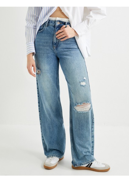 Geniş Paça Kot Pantolon Standart Bel Yıpratılmış Detaylı Cepli - Bianca Wide Leg Jeans modelleri