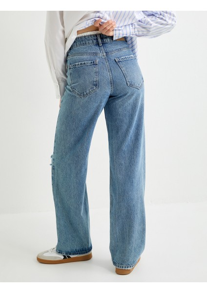 Geniş Paça Kot Pantolon Standart Bel Yıpratılmış Detaylı Cepli - Bianca Wide Leg Jeans fırsatları