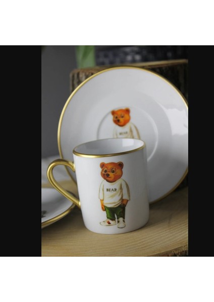 King Bear 2'li Türk Kahve Fincan Takım Beyaz Ayıcıklı Esprili Ilginç Hediyelik Şirin Set Porselen fiyatları