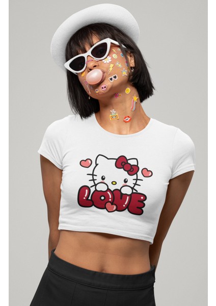 Love Hello Kitty Baskılı Crop Top, Kadın Love Baskılı Crop Bluz