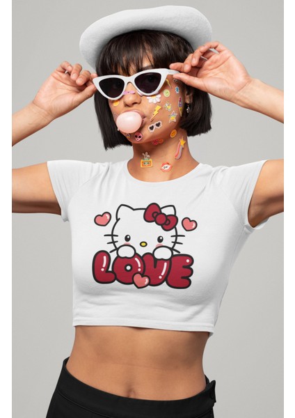 Love Hello Kitty Baskılı Crop Top, Kadın Love Baskılı Crop Bluz fiyatları