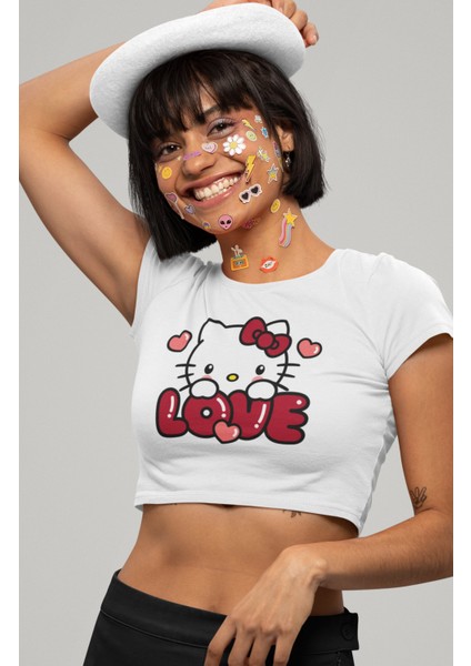 Love Hello Kitty Baskılı Crop Top, Kadın Love Baskılı Crop Bluz modelleri