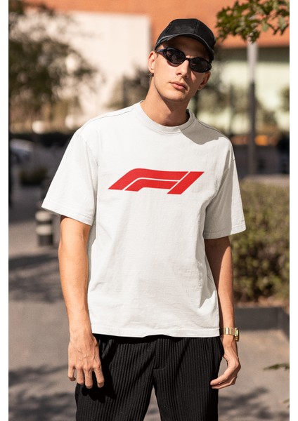 Unisex Oversize F1 Yazılı Tshirt, Formula 1 Baskılı Beyaz Tişört