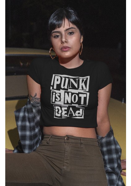 Punk Is Not Dead Yazılı Crop Top, Kadın Rock-Metal Baskılı Crop Bluz
