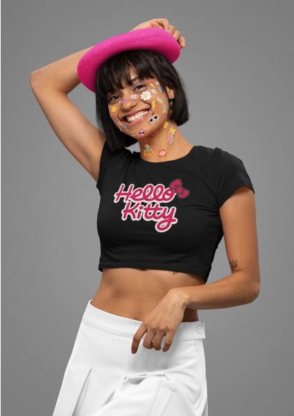Hello Kitty Yazılı Crop Top, Kadın Hello Kitty Baskılı Crop Bluz