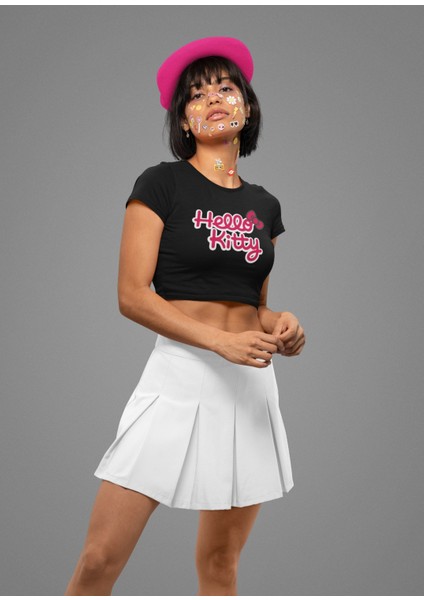 Hello Kitty Yazılı Crop Top, Kadın Hello Kitty Baskılı Crop Bluz