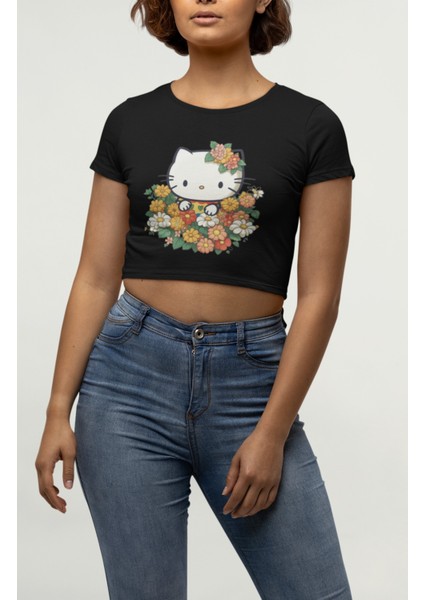 Fuddy Moda Papatyalı Hello Kitty Baskılı Crop Top, Kadın Hello Kitty Baskılı Crop Bluz