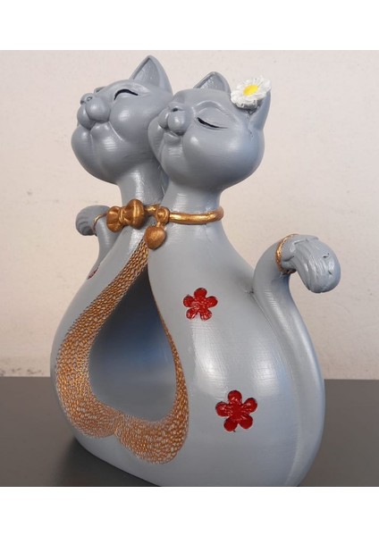 Dekoratif Sevgili Romantik Ikili Kedi Biblo Ev ve Ofis Aksesuar Polyester 24X21 cm