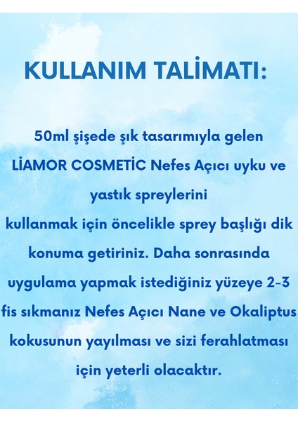 Liamor Cosmetic Uyku ve Yastık Spreyi Okaliptus, Nane, Biberiye Rahatlatıcı Uyku ve Dinlenme Spreyi 50ML