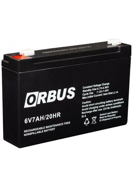 6 Volt 7 Amper Akü Orbus-Mustang 150*34*94 MM-1110 Gram