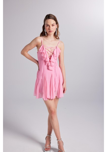 Fırfır Detaylı Şifon Mini Sorento Elbise Pembe