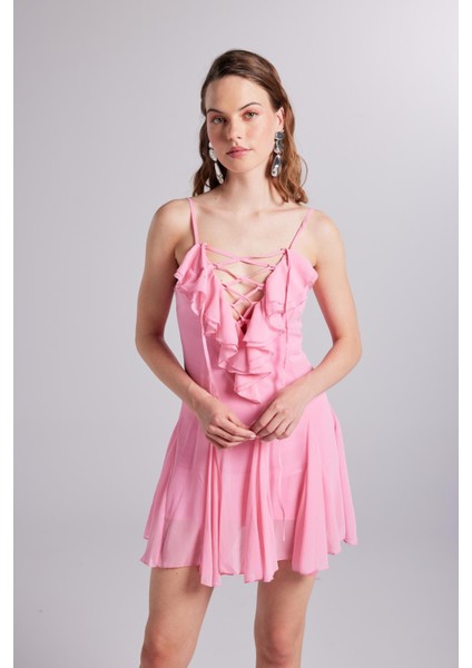 Fırfır Detaylı Şifon Mini Sorento Elbise Pembe fiyatları