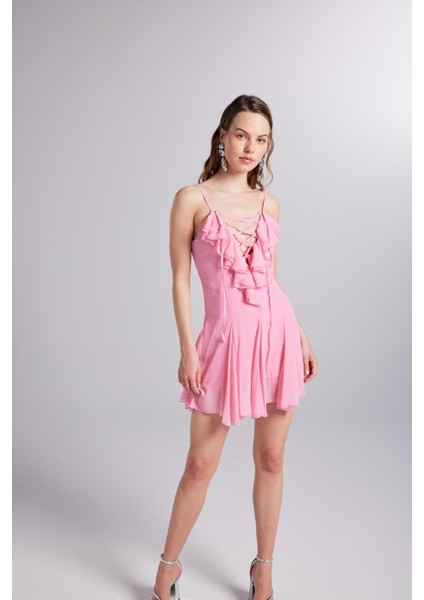 Fırfır Detaylı Şifon Mini Sorento Elbise Pembe modelleri