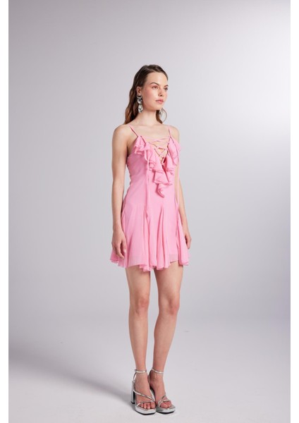 Fırfır Detaylı Şifon Mini Sorento Elbise Pembe fırsatları