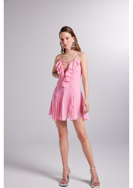 Fırfır Detaylı Şifon Mini Sorento Elbise Pembe indirimleri