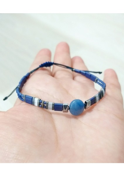 Mavi Aventurin ve Hematit Doğaltaşlı Unisex Tila Bileklik