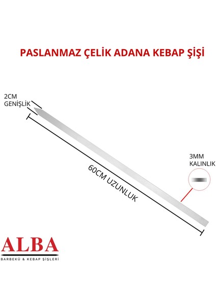 Genel Alba Paslanmaz Çelik Yassı Adana Kebap Şişi 3 Adet 60CM Uzunluk-Yassı Kıyma Şişi