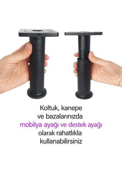 8 Adet Modül Ayarlanabilir Destek Ayağı 15 x 23 cm Siyah Ayak Mobilya Kanepe Baza Koltuk Ünite Ayakları