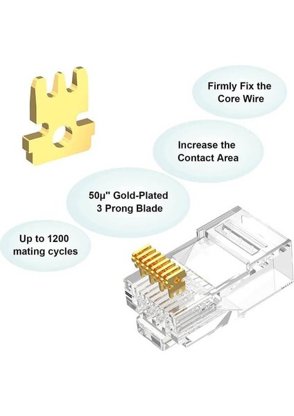 - 100 Adet - 50U" Gold Plated CAT5E RJ45 Konnektör - 8P8C Ethernet Kablo Ucu Konnektörü Jack