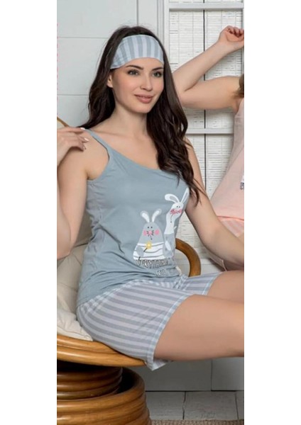 Kadın Askılı Şortlu Tavşan Desenli Pijama Takımı