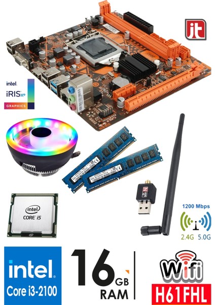 X21 I3-2100 3.10GHZ + 16GB Ram + H61 Anakart + 1200MBPS Wifi Cpu Fan Bundle Motherboard