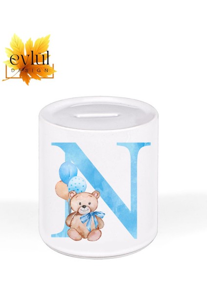 N Harfi Ayıcıklı Mavi Renkli Harf Özel Tasarım Baskılı Seramik Kumbara Açılabilir Kumbara