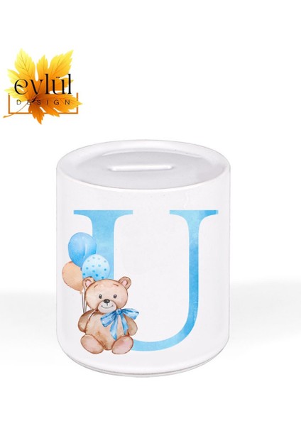 U Harfi Ayıcıklı Mavi Renkli Harf Özel Tasarım Baskılı Seramik Kumbara Açılabilir Kumbara