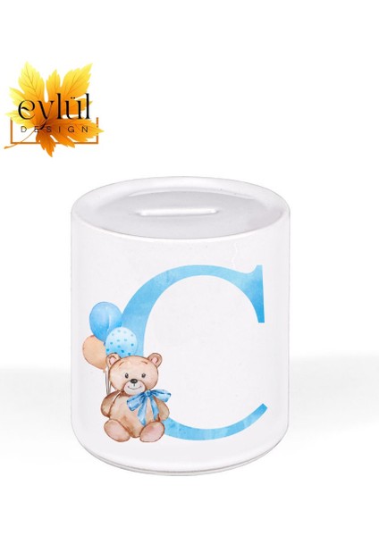 C Harfi Ayıcıklı Mavi Renkli Harf Özel Tasarım Baskılı Seramik Kumbara Açılabilir Kumbara