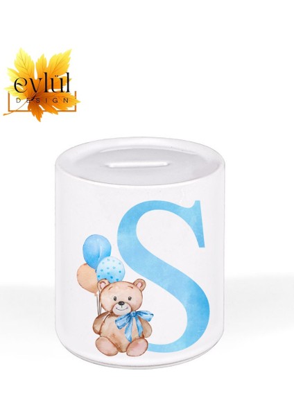 S Harfi Ayıcıklı Mavi Renkli Harf Özel Tasarım Baskılı Seramik Kumbara Açılabilir Kumbara