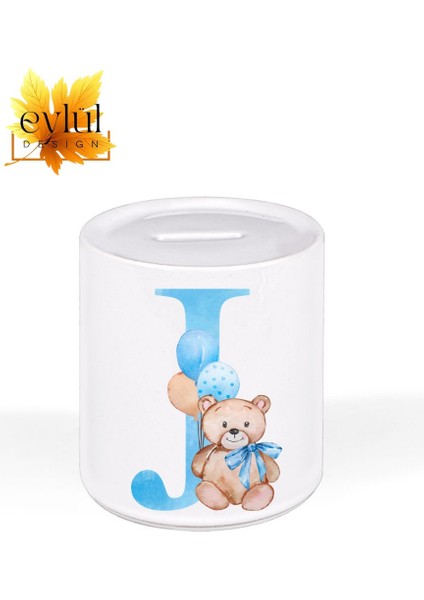 J Harfi Ayıcıklı Mavi Renkli Harf Özel Tasarım Baskılı Seramik Kumbara Açılabilir Kumbara