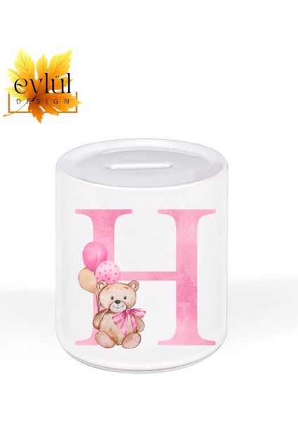H Harfi Ayıcıklı Pembe Renkli Harf Özel Tasarım Baskılı Seramik Kumbara Açılabilir Kumbara