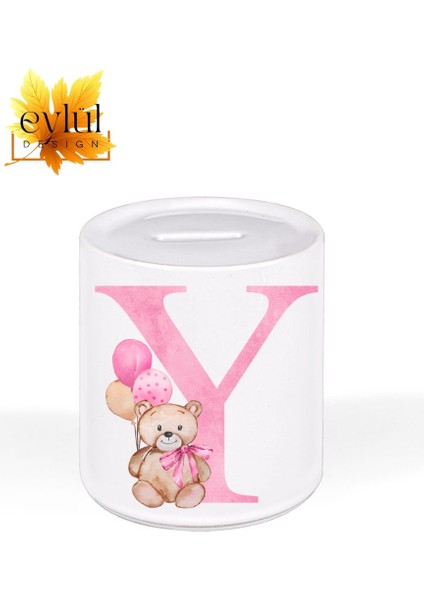 Y Harfi Ayıcıklı Pembe Renkli Harf Özel Tasarım Baskılı Seramik Kumbara Açılabilir Kumbara