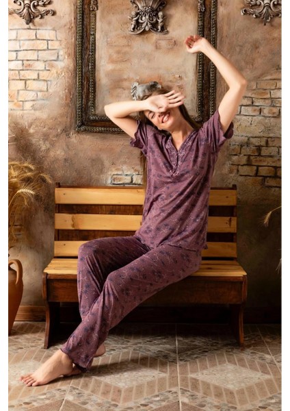 Kadın Bambu Yakası Nakışlı V Yaka Kısa Kol Ince Pijama Takımı P/4398 - 1 Adet