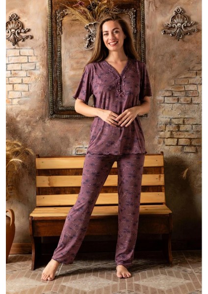 Kadın Bambu Yakası Nakışlı V Yaka Kısa Kol Ince Pijama Takımı P/4398 - 1 Adet fiyatları