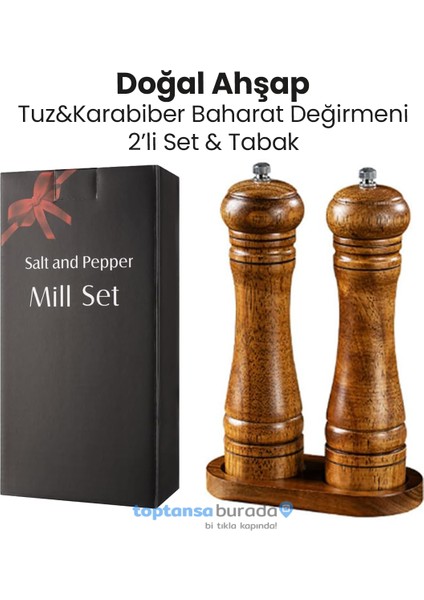 Premium Kalite 2li 22CM Tabaklı Doğal Ahşap Değirmen Baharat Öğütücü Karabiber Tuz Kahve