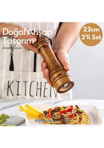 Premium Kalite 2li 22CM Tabaklı Doğal Ahşap Değirmen Baharat Öğütücü Karabiber Tuz Kahve fırsatları