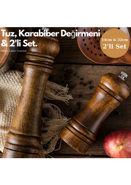 Premium Kalite 2liset 14CM+22CM Doğal Ahşap Değirmen Baharat Öğütücü Karabiber Tuz Kahve