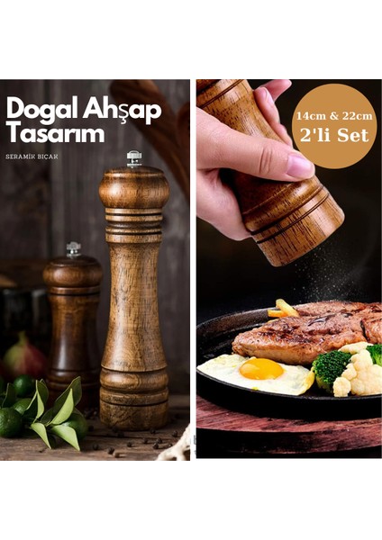 Premium Kalite 2liset 14CM+22CM Doğal Ahşap Değirmen Baharat Öğütücü Karabiber Tuz Kahve