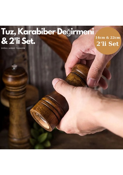 Premium Kalite 2liset 14CM+22CM Doğal Ahşap Değirmen Baharat Öğütücü Karabiber Tuz Kahve