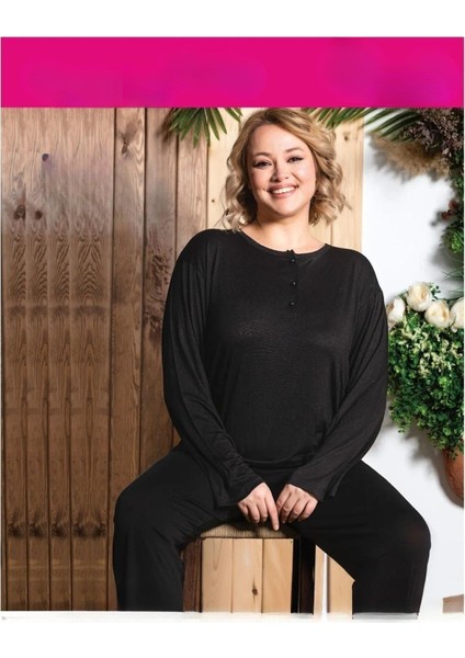 Kadın Bambu Büyük Beden Düğme Yaka Ince Uzun Kol Pijama Takımı M/959- 1 Adet