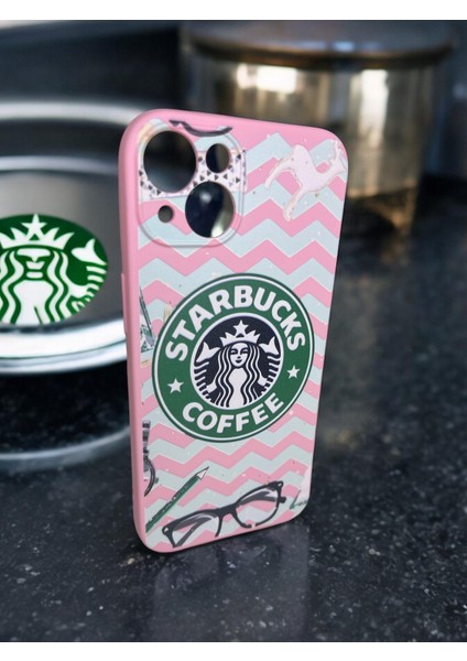 Iphone 13 Starbucks Baskılı Pembe Renk Silikon Telefon Kılıfı