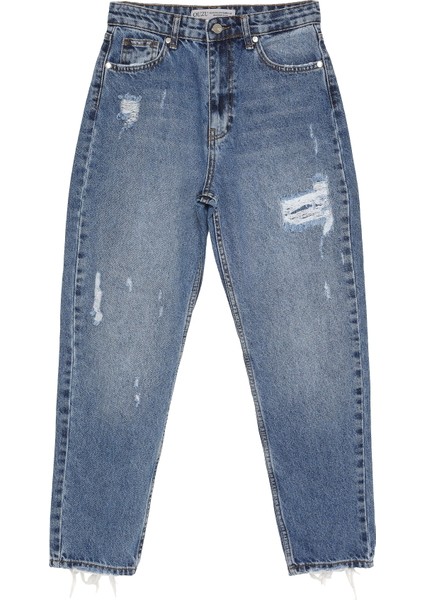 Yırtık Detaylı Denim Pantolon Mavi