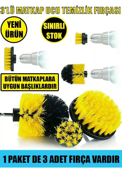 Main Shop 3'lü Set Matkap Ucuna Takılan Banyo Küvet Duşa Kabin Fayans Oto Koltuk Lastik Yıkama Temizleme Fırça