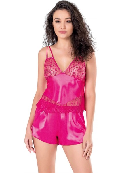 Fuşya Saten Babydoll Şort Takımı