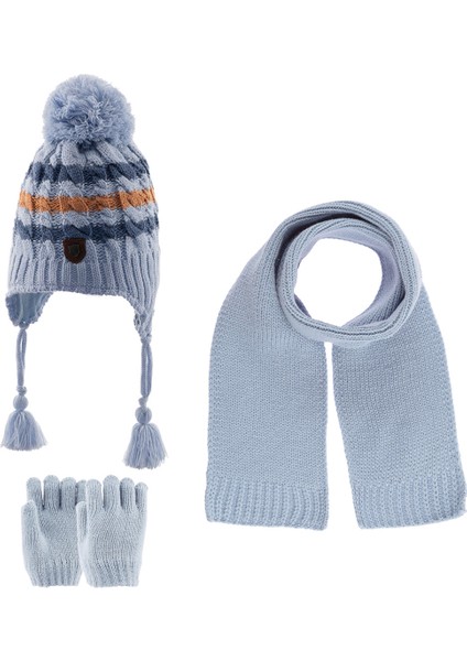 Bebe 3'lü Şapka Takım Erkek Ponponlu Mavi